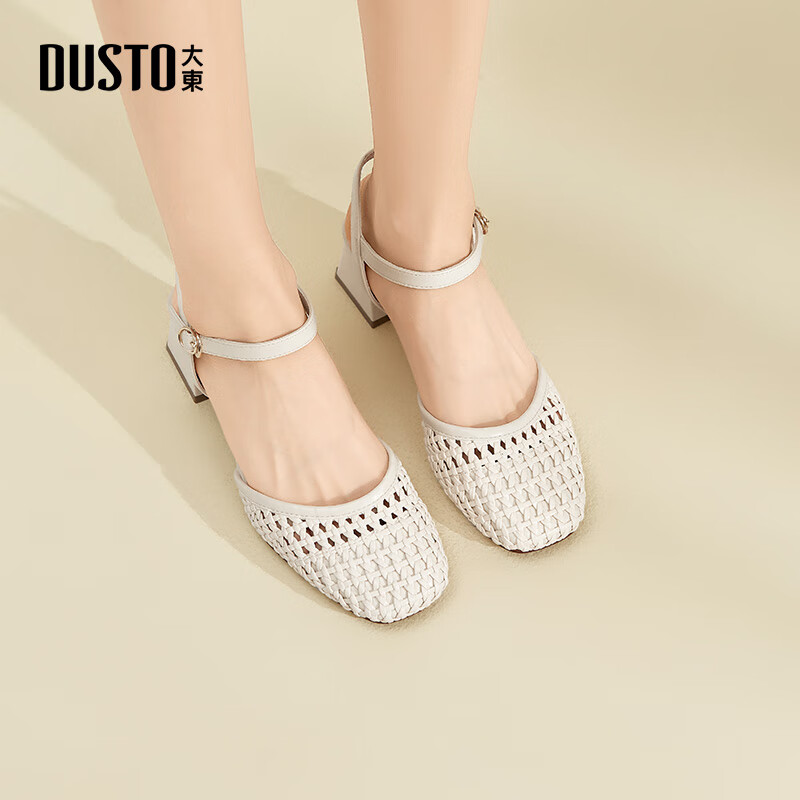 大东凉鞋女鞋2026年夏季新款简约中空一字扣粗跟0008 米色 37