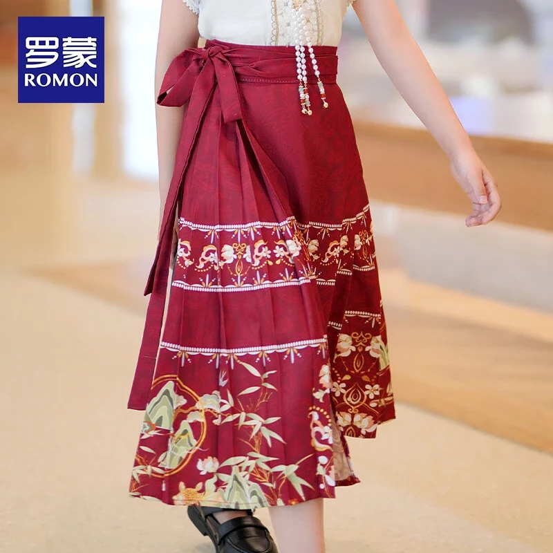 罗蒙毕业儿童节女童马面裙汉服夏儿童古风2026新款国风半身裙演出服 藏青-印花马面裙长款【单裙子】 140