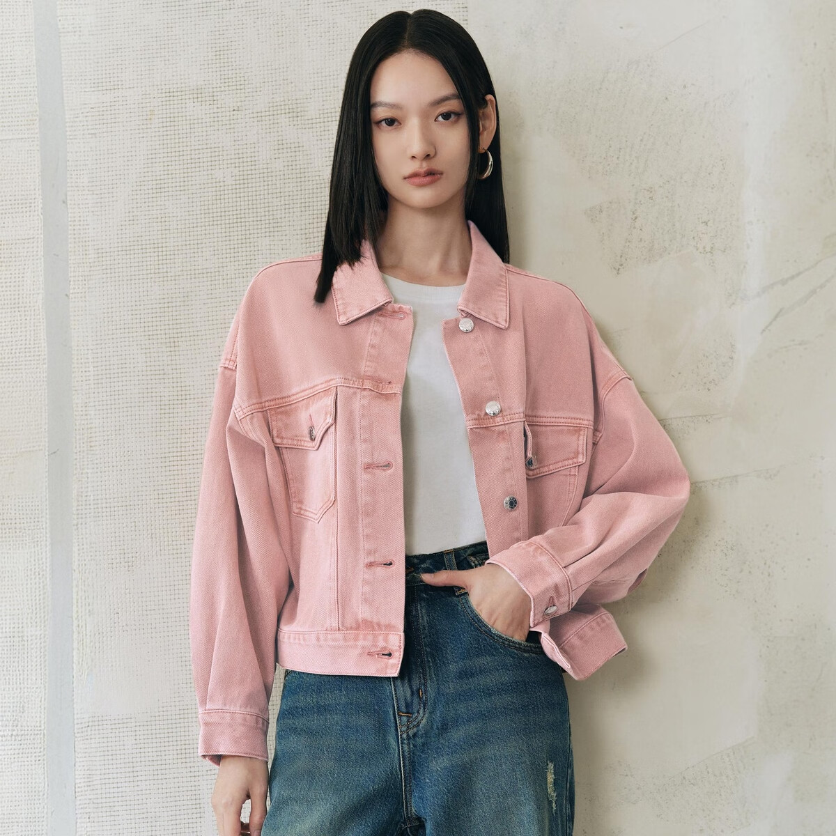太平鸟灯笼袖纯棉牛仔外套女2025春装宽松时尚牛仔上衣外搭 粉色（第一批） S