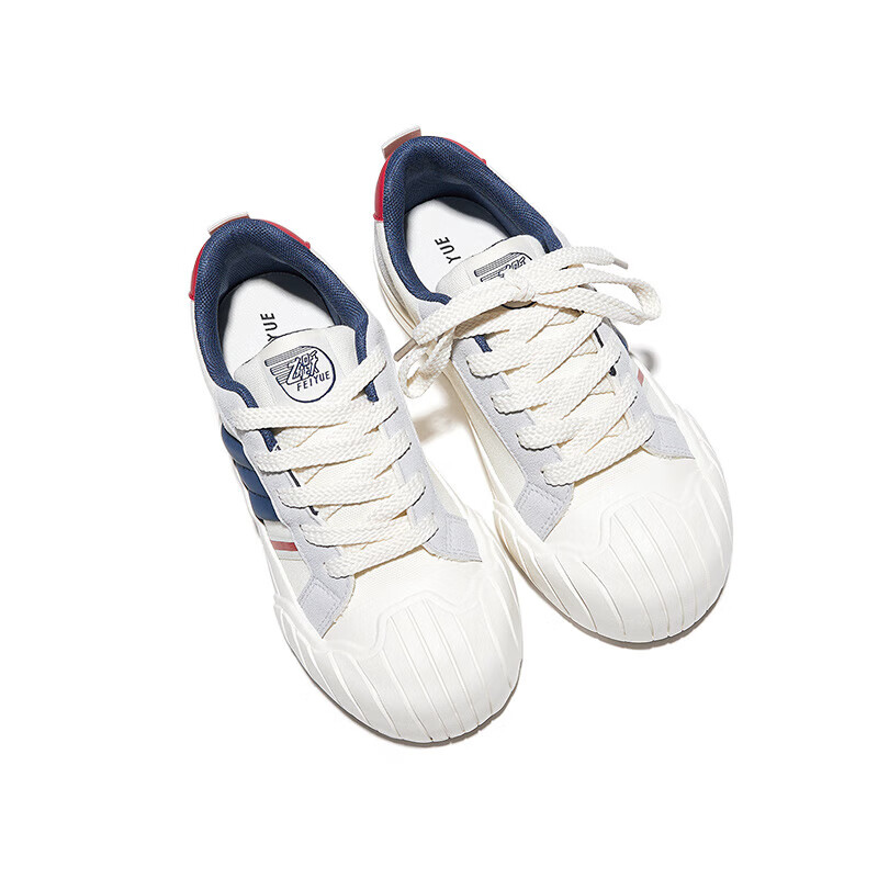 飞跃(Feiyue)帆布鞋女夏季潮流舒适撞色拼接运动休闲鞋子女士百搭学生厚底板鞋 米/灰/深蓝 35