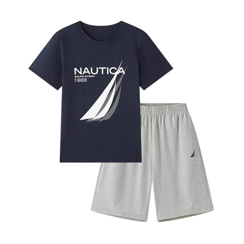 NAUTICA诺帝卡童装女童男童套装夏季短袖t恤儿童夏季套装亲肤上衣速干 套装-藏青色/灰色 170