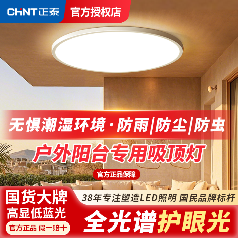 正泰阳台专用吸顶灯2025新款防虫防水小尺寸三防户外超亮led室外圆灯 黑壳【48W三色变光】升级全光谱 防水防尘防虫