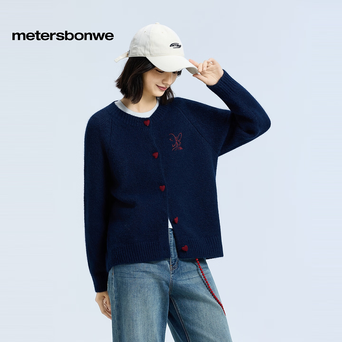 美特斯邦威毛衣女2025冬季新款休闲撞色扣毛衣开衫柔软舒适上衣女 藏青色 M 160/84A