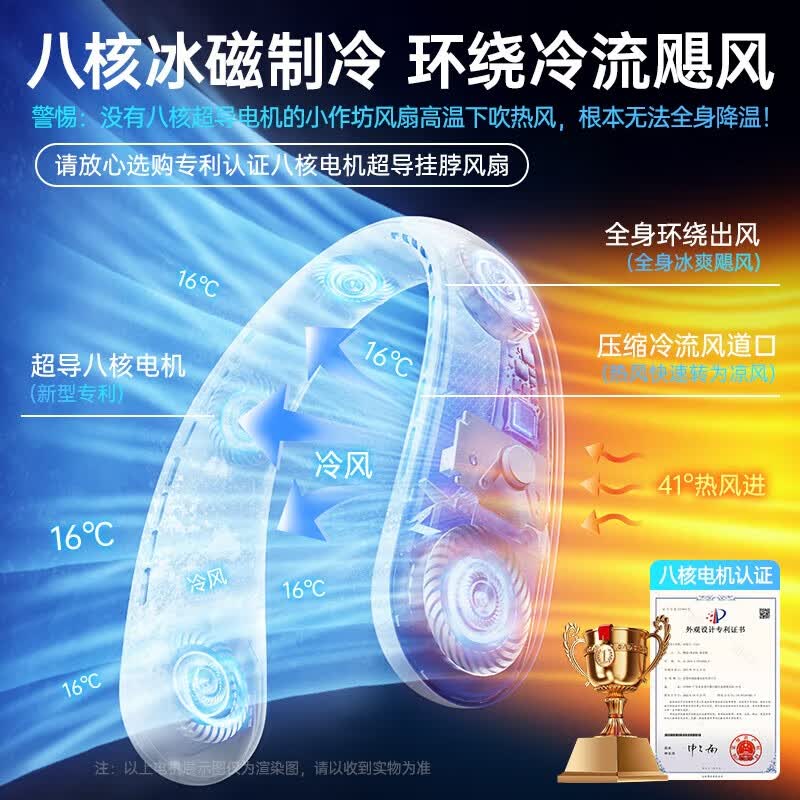 VENIDER【双涡冷泵速降16℃】挂脖风扇便携制冷迷你小风扇挂脖子空调低音懒人学生户外大风力充电风扇 渐变粉【持久续航】三挡风力|超长续航