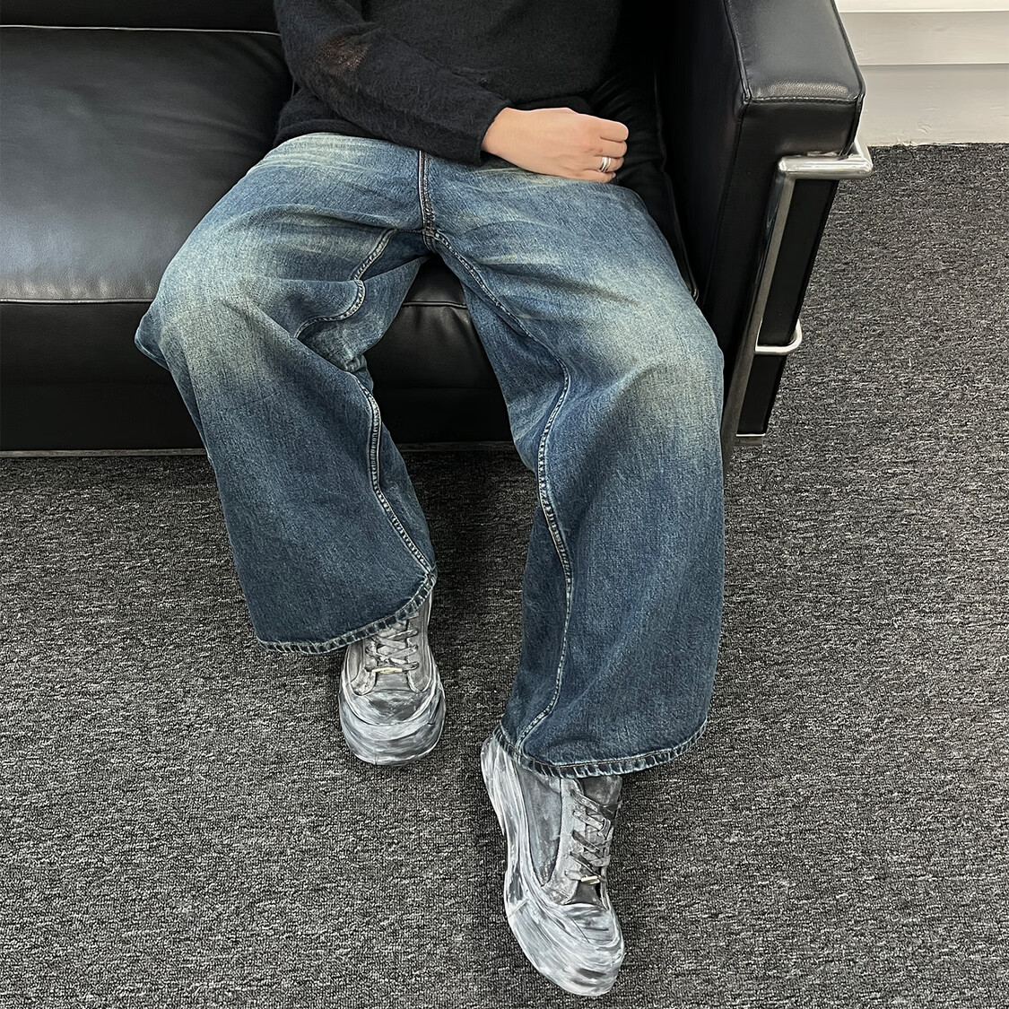 TERRAINCOGNITA【弧月系列】深蓝刷漆白马毛结构板鞋 通勤百搭增高休闲鞋 米色白 45