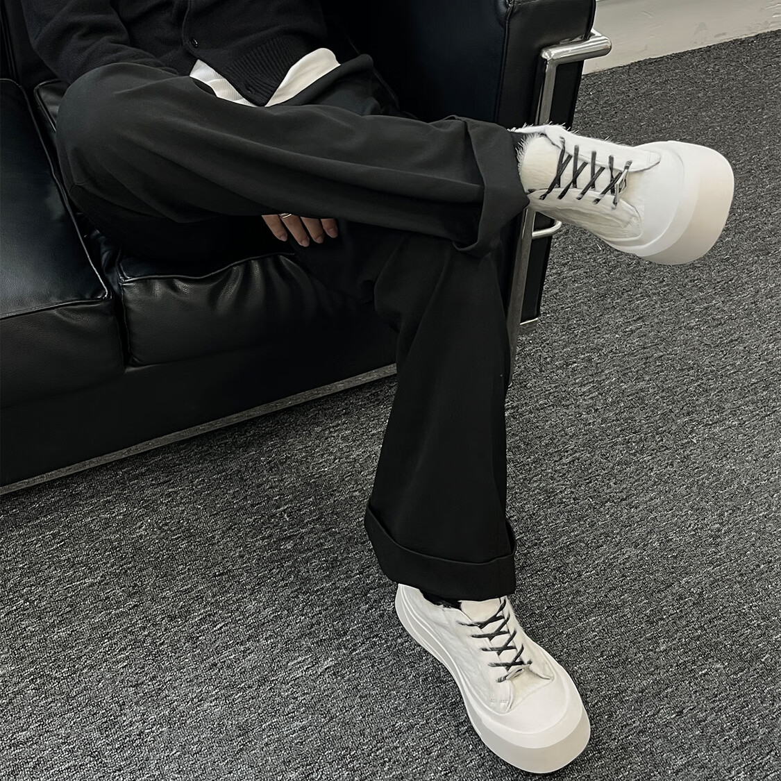 TERRAINCOGNITA【弧月系列】深蓝刷漆白马毛结构板鞋 通勤百搭增高休闲鞋 米色白 45