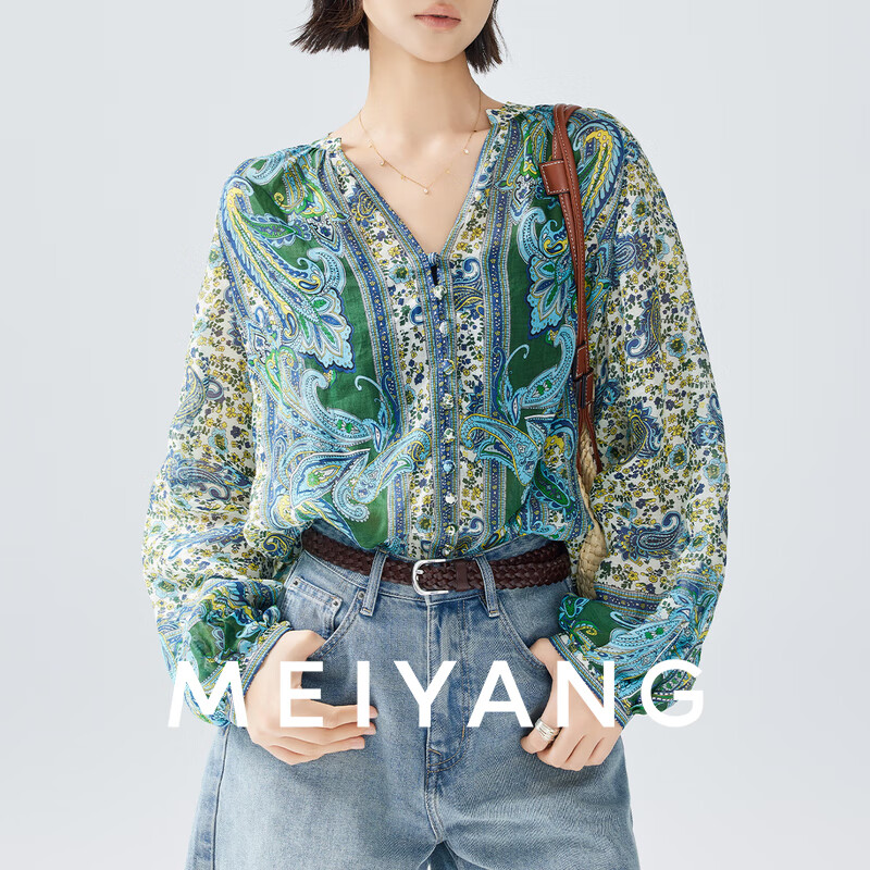 美洋（MEIYANG）佩斯利雪纺衫 古着风情苎麻印花V领排扣灯笼袖 绿色 L