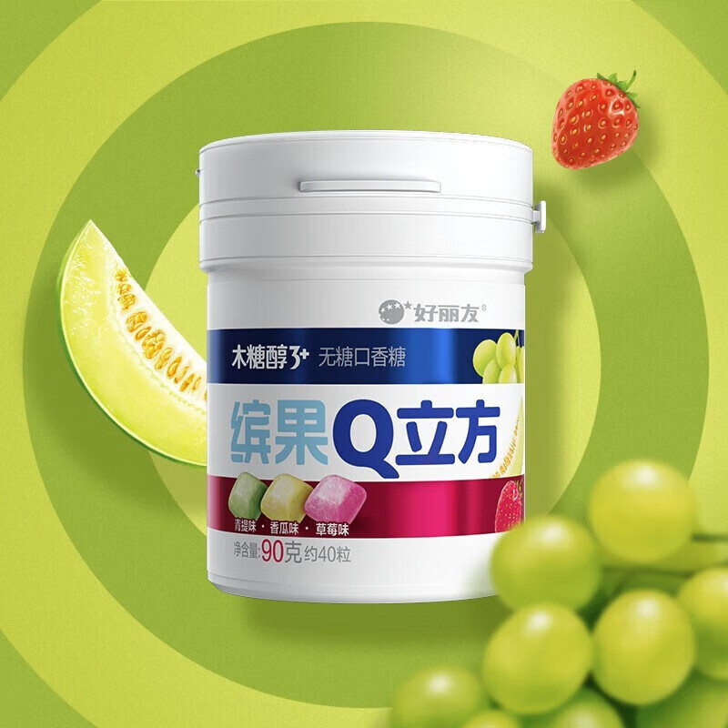 好丽友(ORION)木糖醇口香糖清新口气糖果 无糖接吻糖大瓶装随身装 【草莓+青提+香瓜】90g