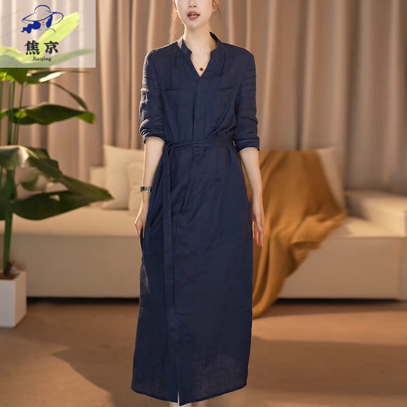 蕉京素订女感气质v领亚麻连衣裙女夏2025新款今年流行复古棉麻裙子 藏