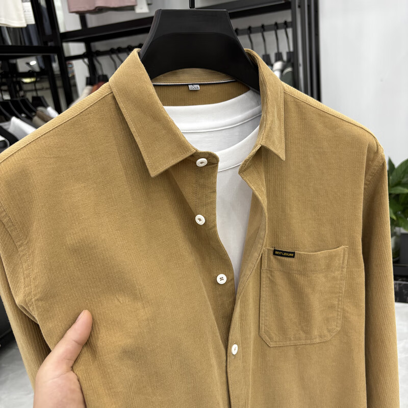 老爷车（LAOYECHE）100%纯棉灯芯绒真口袋男士长袖衬衫纯色休闲秋装衬衣保暖男装寸衫 IF-24620豆绿 L 推荐120-135斤