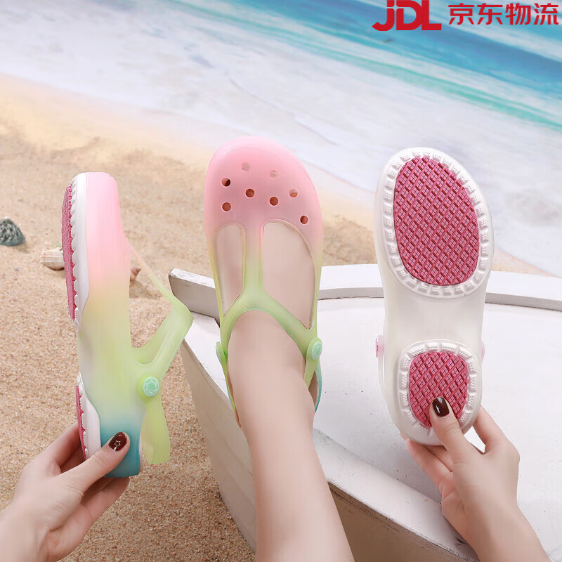 JDOV【新品】洞洞鞋女厚底沙灘鞋護(hù)士孕婦廚房防滑拖鞋外穿漸變色夏季 漸變粉綠 36 女款_