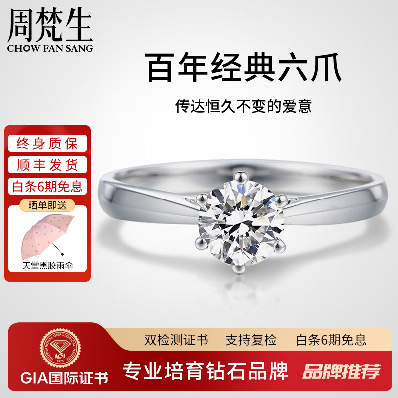周梵生【GIA证书】人工培育钻石戒指18K金皇冠六爪1一2克拉人造钻戒女戒 主钻2克拉 E/VS/3EX/N