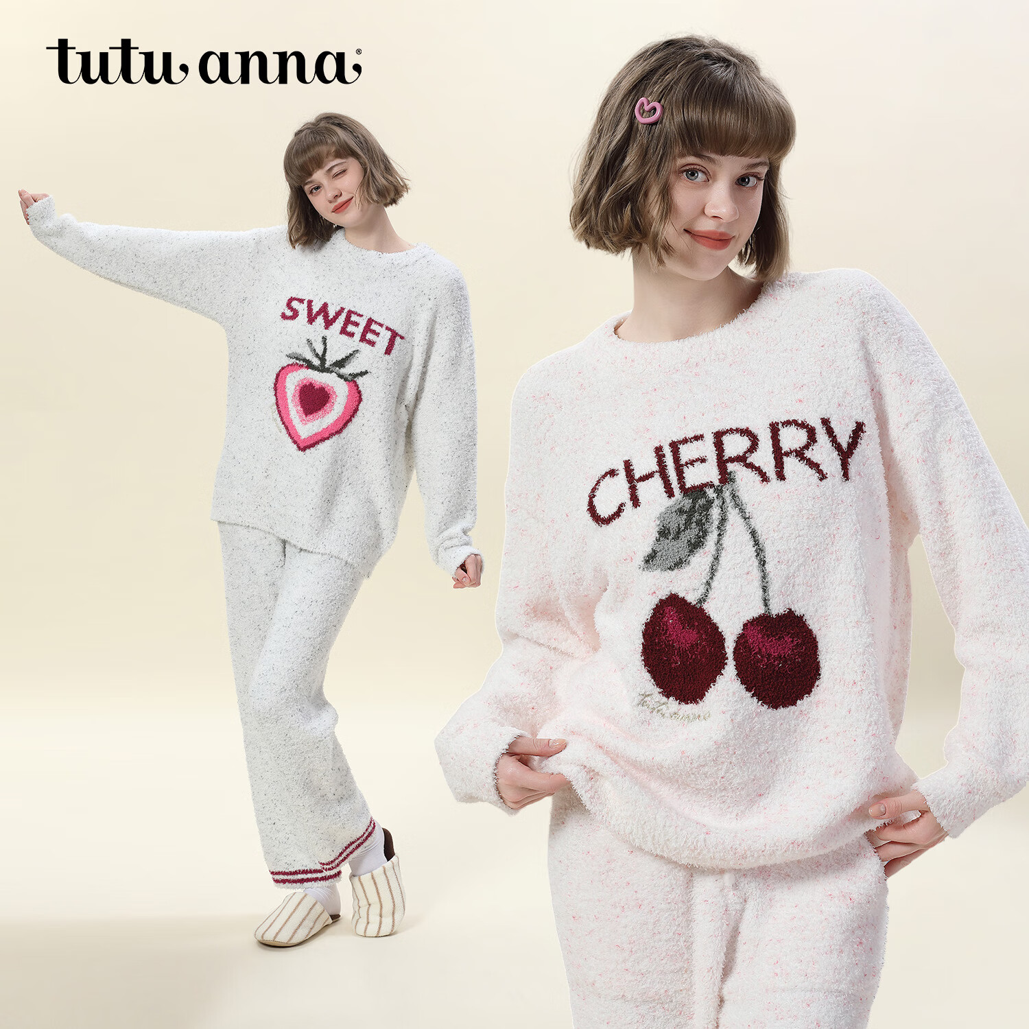 tutuanna半边绒水果印花家居服套装家居服睡衣秋冬保暖居家 樱桃 灰彩点 M 上衣160/84A 裤子160/70A