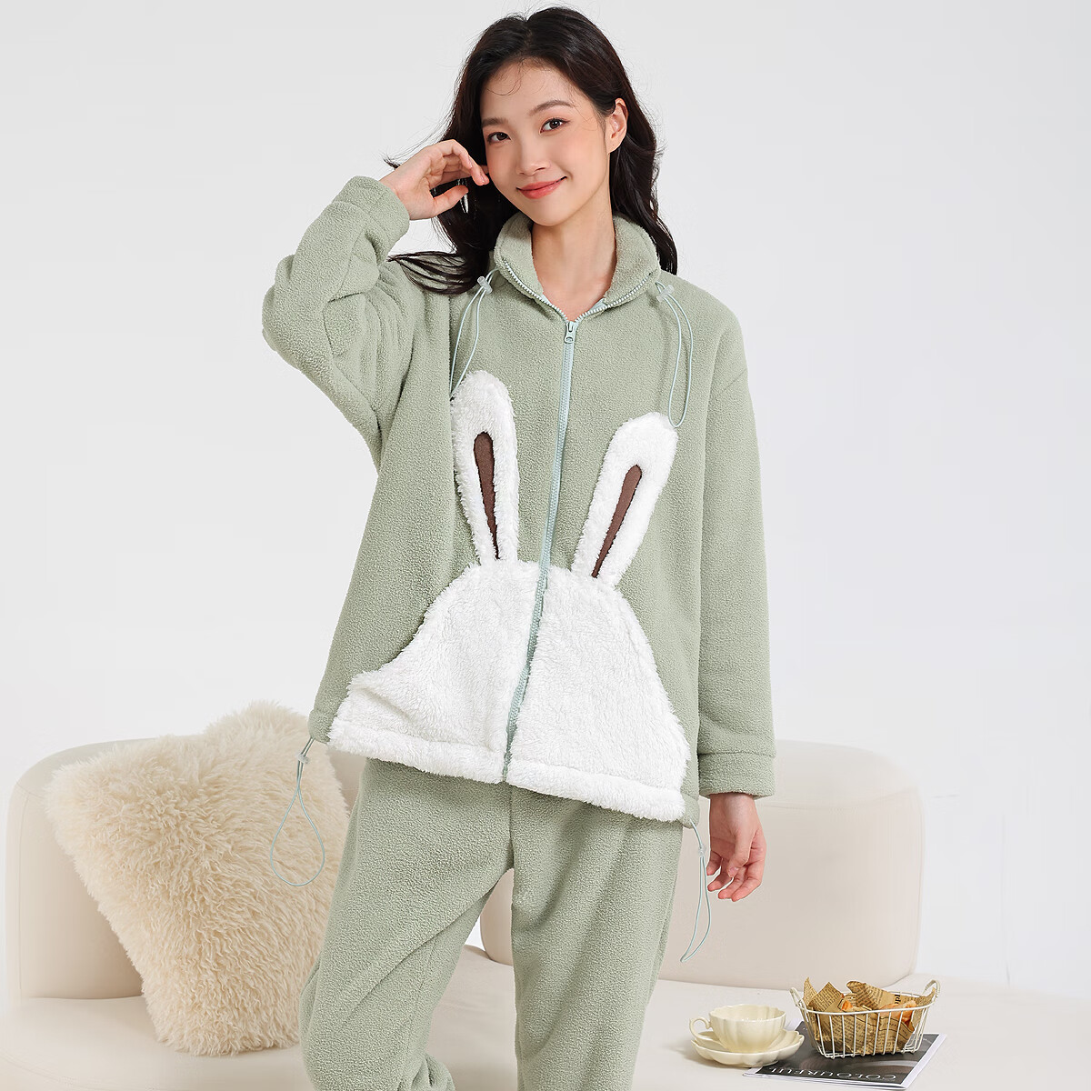 六月玫瑰【摇粒绒】秋冬加绒加厚可爱兔子休闲套装长袖女士家居服睡衣女 浅绿色 均码