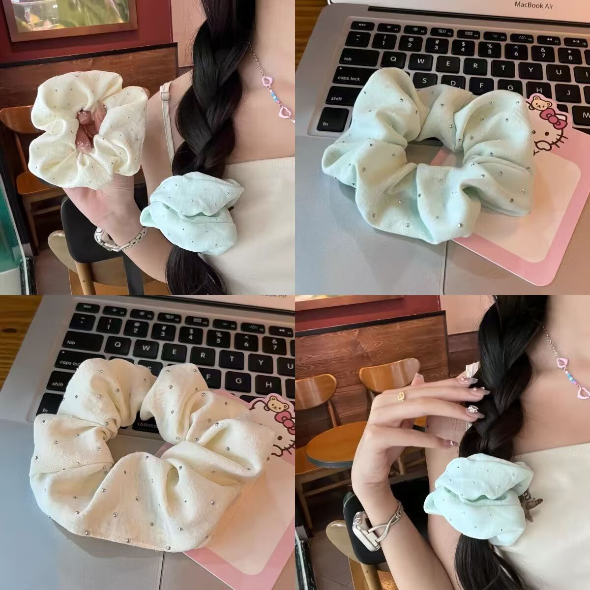 加恩倍薄荷曼波发饰蓝绿色大肠发圈新款头绳复古法式高级感韩系温柔 白色+浅绿各一个装