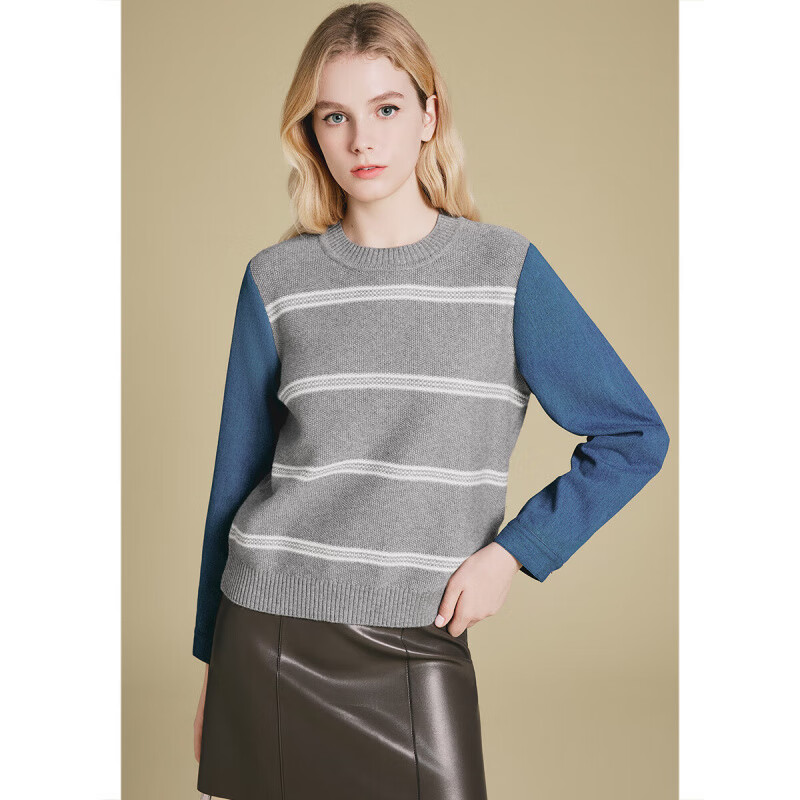 PSALTER诗篇专选2025年春季假两件式时尚减龄撞色拼接针织套头毛衫女 浅灰 XL 42