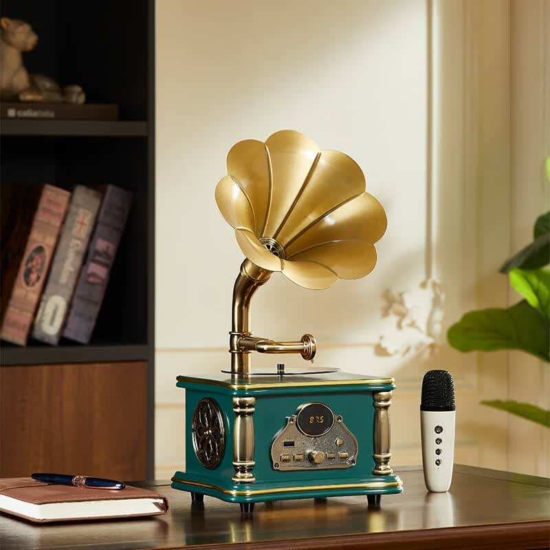 欧蒂诺留声机音箱一体机复古桌面蓝牙音响播放器K歌麦克风装饰摆件礼物 胡桃色带麦克风充插两用-赠U盘