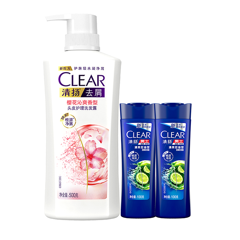 清揚（CLEAR）去屑洗發(fā)水力士沐浴露男士清爽控油蓬松女洗頭膏持久留香套裝正品 清揚櫻花沁爽500g+100g*2體驗裝