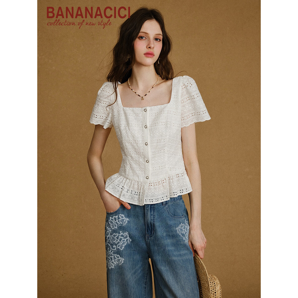 banana cici2025年秋季新款复古南法精致荷叶边绣花方领短袖衬衫C2F3CS017 白色 M