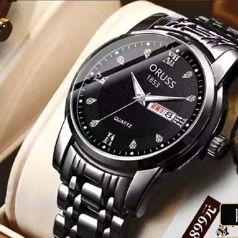 (0.01)2025新款手表男士防水夜光腕表双日历镶钻非机械石英表 OR980全黑带黑面