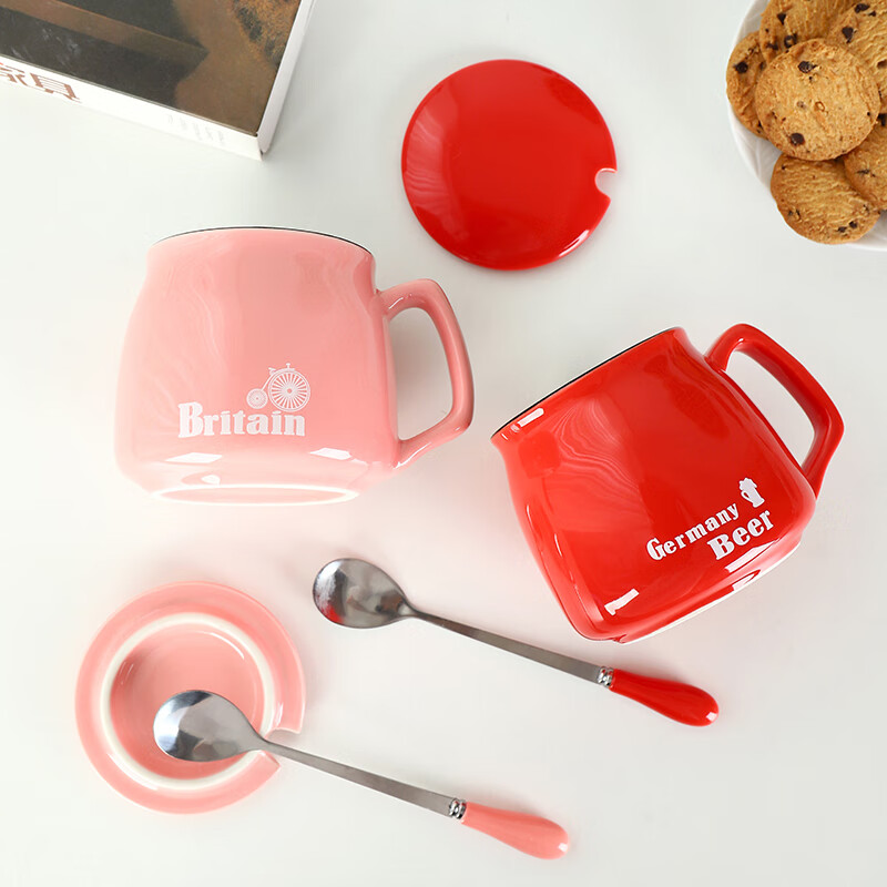 可爱陶瓷杯带盖子勺早餐杯水杯马克杯商务伴手礼带盖子勺咖啡杯牛 蝴蝶粉+盖瓷勺