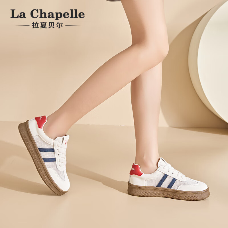 拉夏贝尔女鞋徳训鞋女网面透气小白鞋低帮厚底轻便简约休闲徳训鞋子女 蓝红 37
