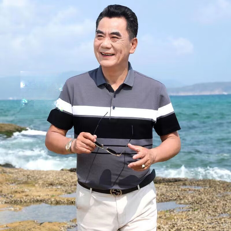 【厂家直供】爸爸夏装短袖t恤中老年人男装丝光棉上衣中年男士休 灰色 185建议180-200斤 均码