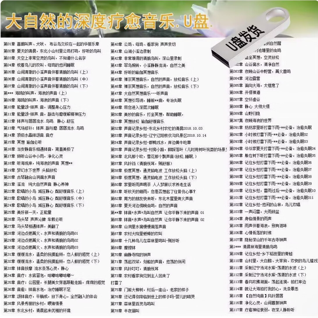 大自然流水安神助眠白噪音深度睡眠放松减压瑜伽音乐mp3优盘U盘 8GB 纯音乐-大自然的声音