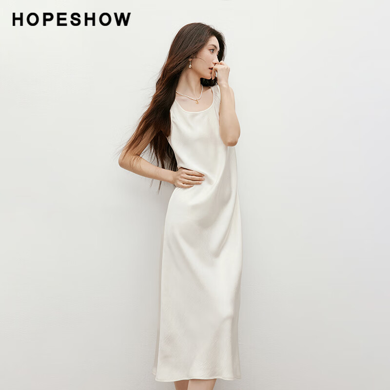 紅袖（hopeshow）皺感緞面連衣裙春夏新款修身顯瘦氣質(zhì)垂感背心裙 米白004 S