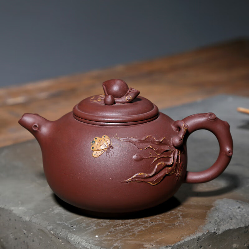 一茗金砂宜興紫砂壺名家泡茶壺吳竹霞純手工壺400CC原礦老紫泥孤品壽桃壺