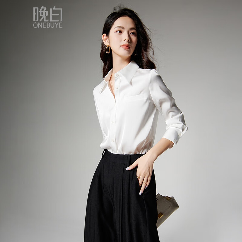 晚白【新品】2026春款正式场合面试白衬衫职场实习穿搭法式缎感衬衣女 白色 2XL