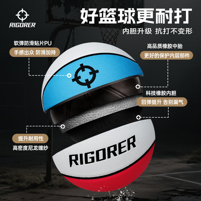 准者（RIGORER）篮球7号室内外通用耐磨训练专用球青少年PU软皮球高弹 经典红白蓝-训练比赛专用 7号篮球【送全套赠品】