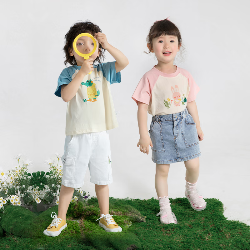 JELLYBABY儿童夏装短袖t恤男童夏季休闲卡通衣服女宝薄款童装6宝宝夏日上衣 粉色 100