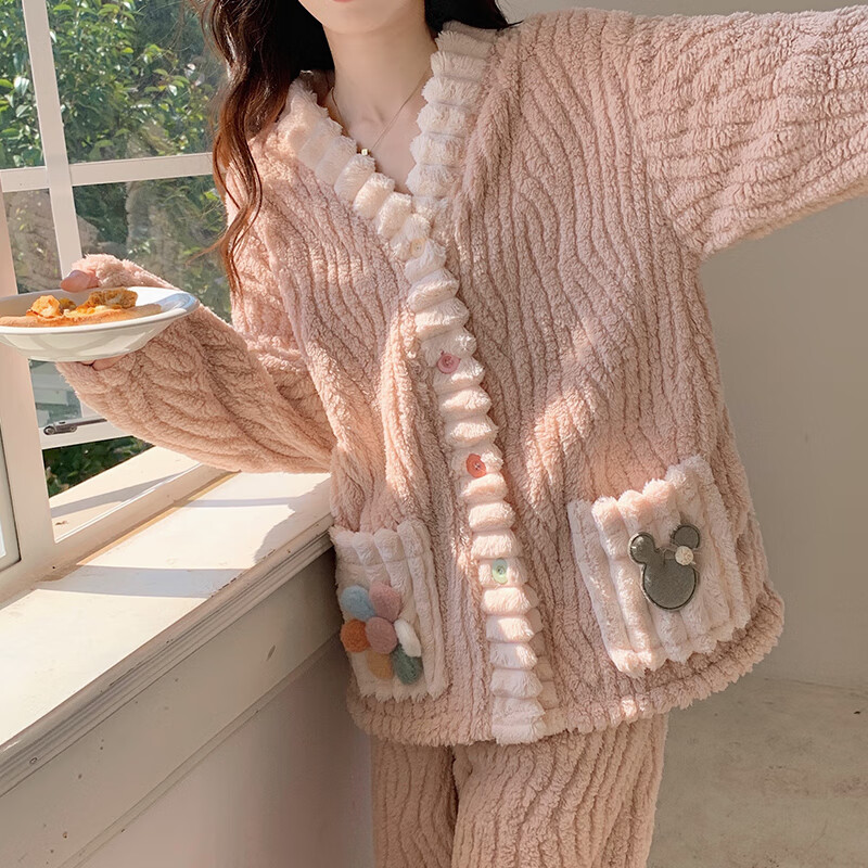 俞兆林珊瑚绒睡衣女秋冬新款可外穿甜美风开衫家居服加绒加厚保暖两件套 清新绿 【保暖两件套】 均码 【适合80-140斤】