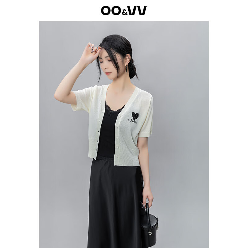 OO&VV爱心刺绣天丝短袖衬衫女2025夏季新款宽松休闲百搭针织上衣 香草米 L