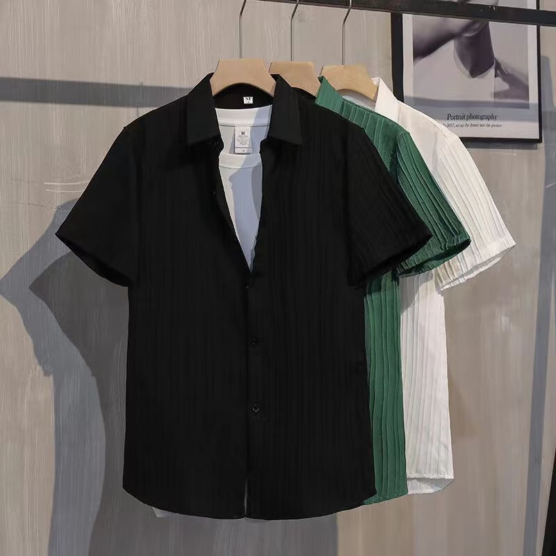 【严选】夏季薄款透气短袖衬衫男士条纹三分袖潮流痞帅白衬衣免烫 白色5 4XL 推荐165-180斤