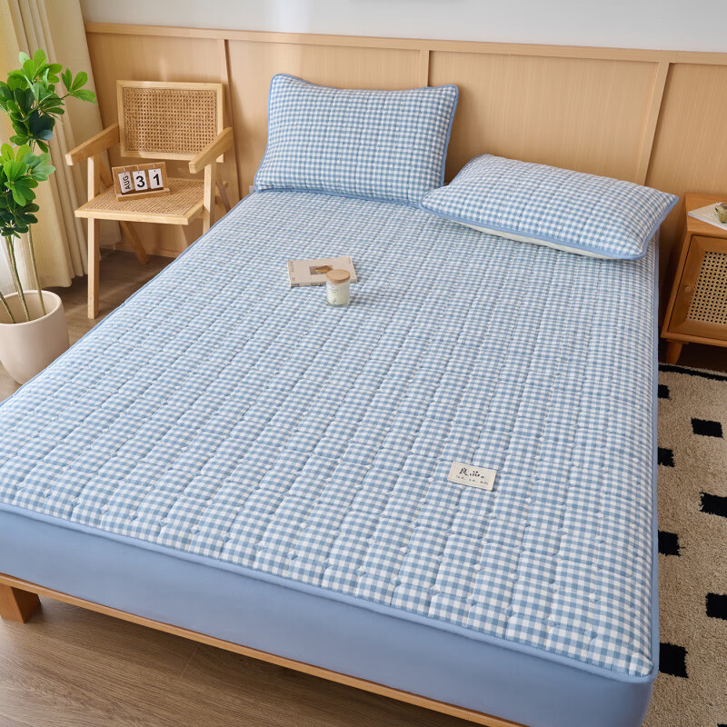 诸禄A类全棉夹棉床笠2米x2.2米2025新款四季通用床罩单件床垫保护隔脏 天蓝小格 床笠三件套 200cm*220cm