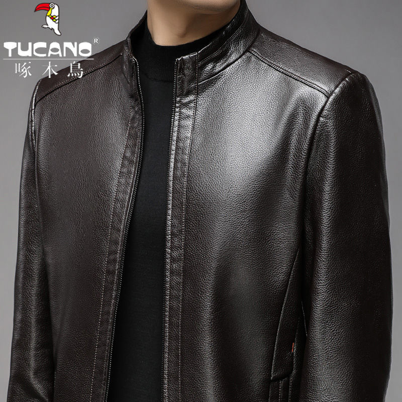 啄木鸟(TUCANO)头层牛皮真皮皮衣男秋冬新款立领皮夹克中年商务休闲爸爸装 棕色-立领【质保五年】 薄款 L 175建议115-130斤 京东折扣/优惠券