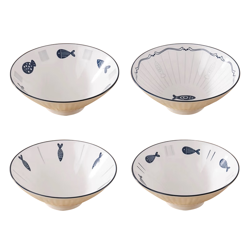 億嘉 陶瓷面碗家用大容量碗具湯碗牛肉碗斗笠碗拉面碗 小魚8英寸4只裝