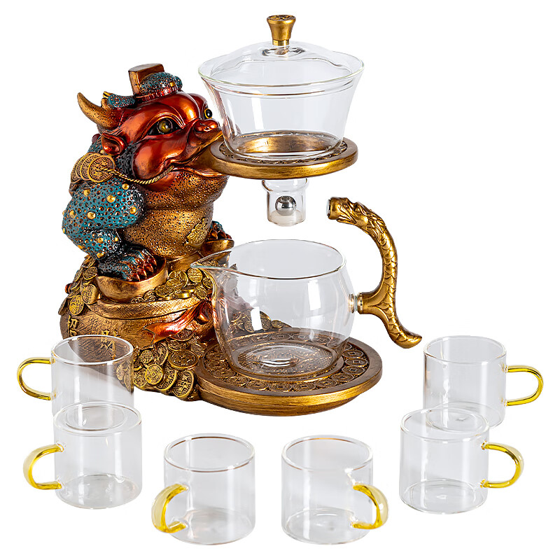 正扬玻璃自动茶具套装懒人泡茶器全套家用高档整套磁吸防烫透明商务礼 自动（招财金蟾）主机+六色把杯