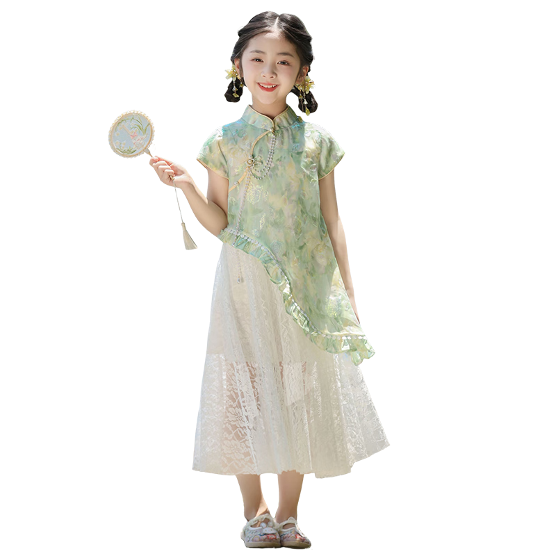 羅蒙女童新中式夏款旗袍兒童國風(fēng)女孩日?？纱h服畢業(yè)演出服 綠色150
