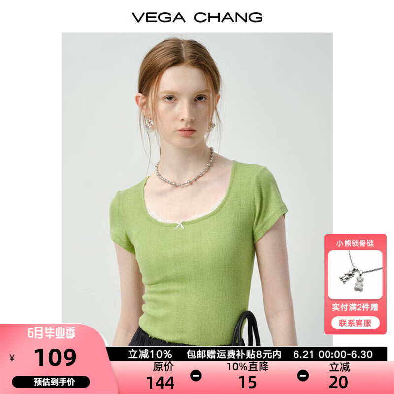 VEGA CHANG短袖女t恤2025新款夏季甜美风蝴蝶结方领蕾丝拼接上衣 嫩绿色 M