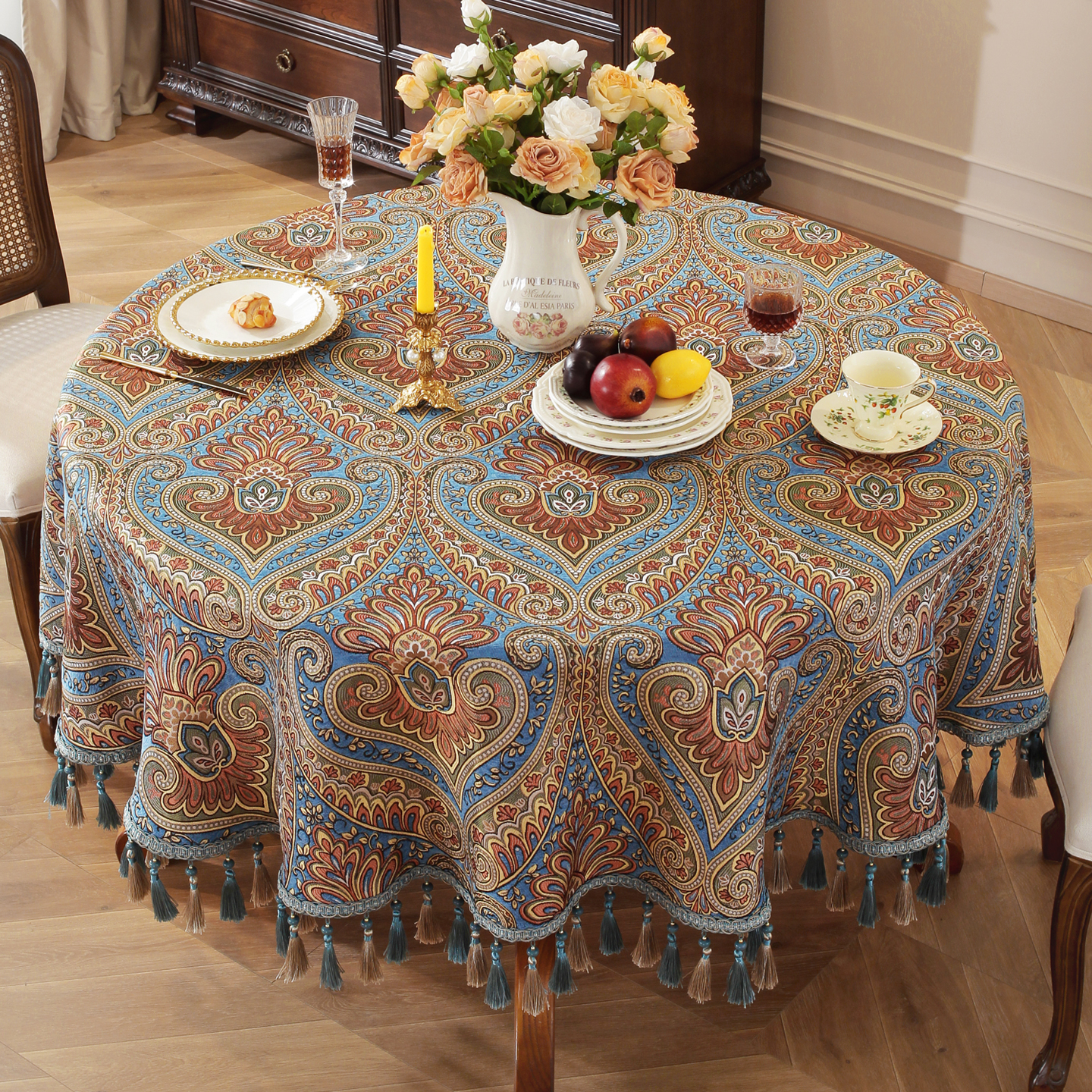 乐唯仕高端大气上档次圆桌桌布轻奢高级感2025新款欧美式复古餐桌布家用 圣帝罗兰-蓝(吊穗款) 200cm直径适合直径140-160cm圆桌