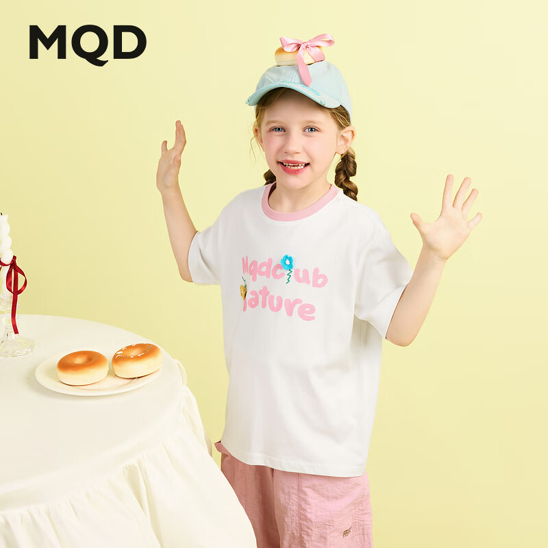 马骑顿（MQD）女大童夏季新品学院风卡通甜美百搭亲肤舒适字母基础款短袖T恤 米白 140