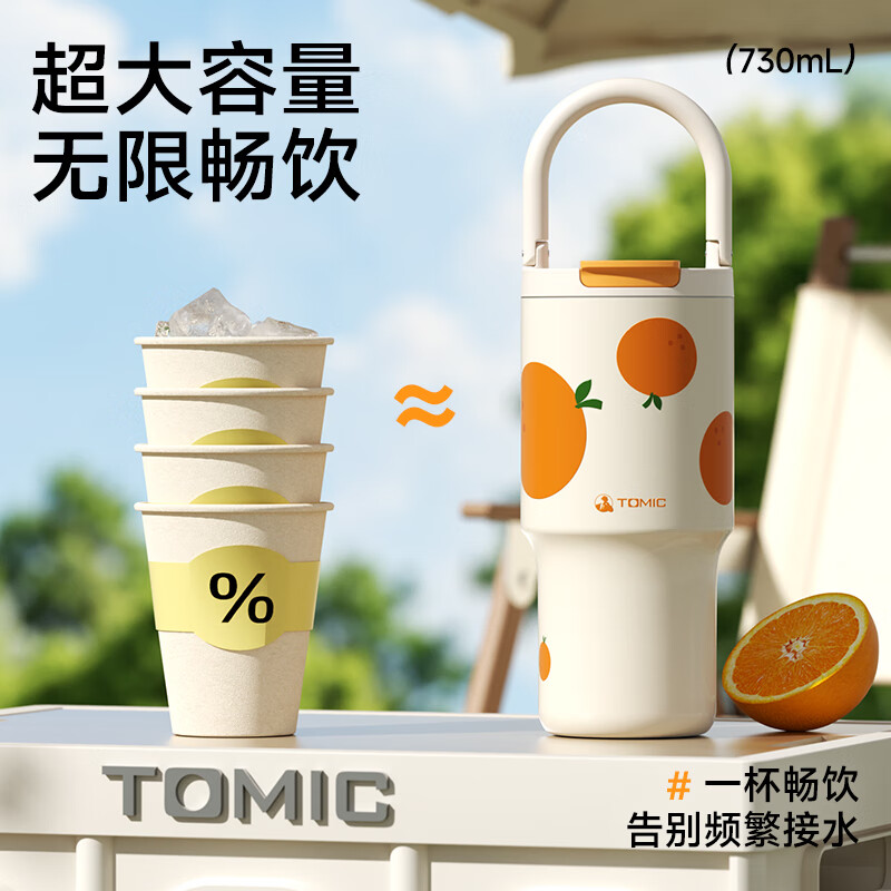 特美刻大容量保温杯冰霸吸管杯女生办公室保冷水杯高颜值 心想事橙【316L不锈钢内胆】