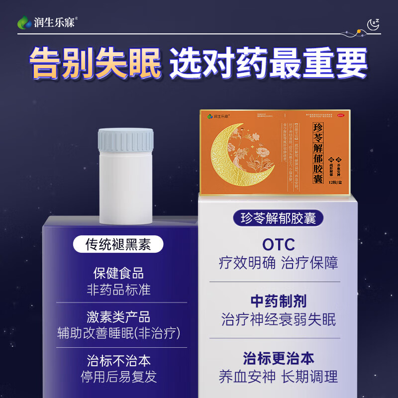 [润生乐寐]珍苓解郁胶囊 0.5g*12粒 3盒装 疏肝解郁养血安神改善助睡眠改善失眠多梦安神药成年人中老年气血神经衰弱otc 解郁安神,90%选择