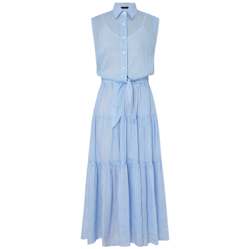 MO&Co.连衣裙高腰绑带苎麻翻领立体宽肩衬衫长裙蓝白条纹摩