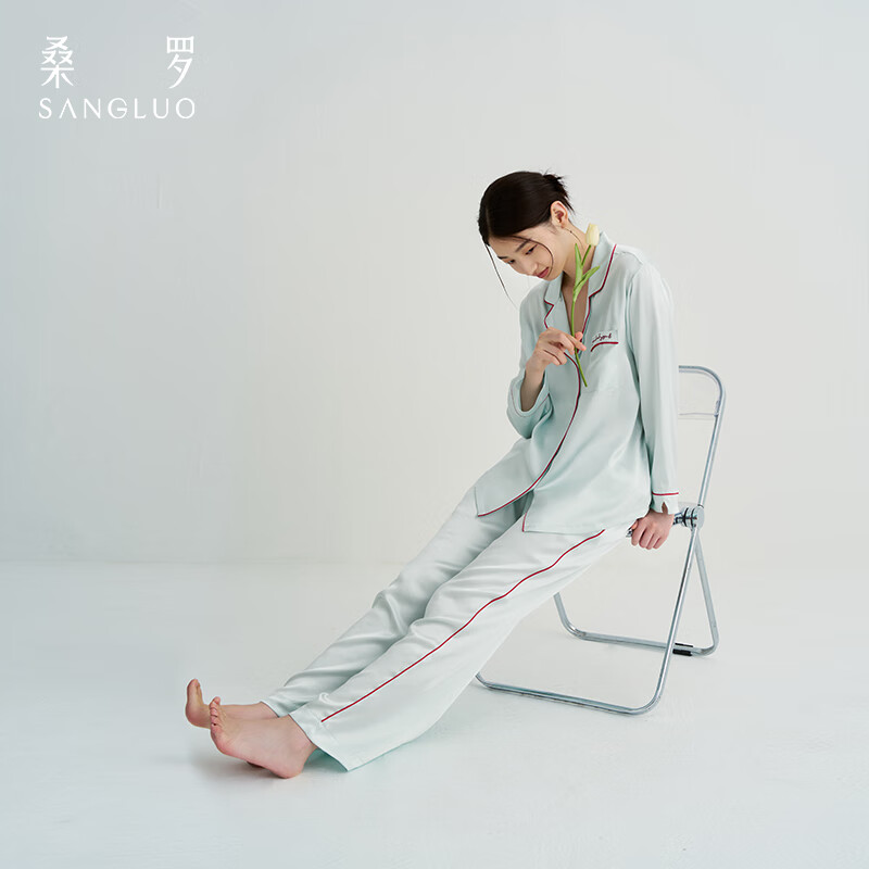 桑羅23姆米重磅真絲睡衣100%桑蠶絲女刺繡純色簡約家居服外穿新款送禮 粉藍色 L