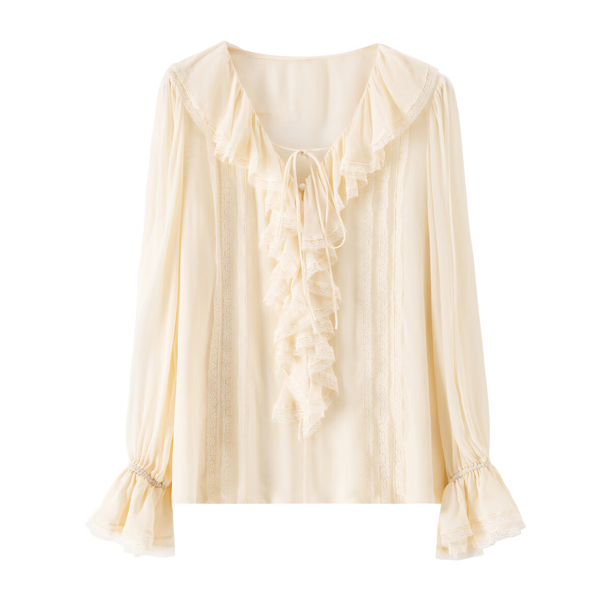 banana cici2025年秋季新款重工荷叶领拼接蕾丝飘逸雪纺长袖衬衫C2F3CS035 米白 M