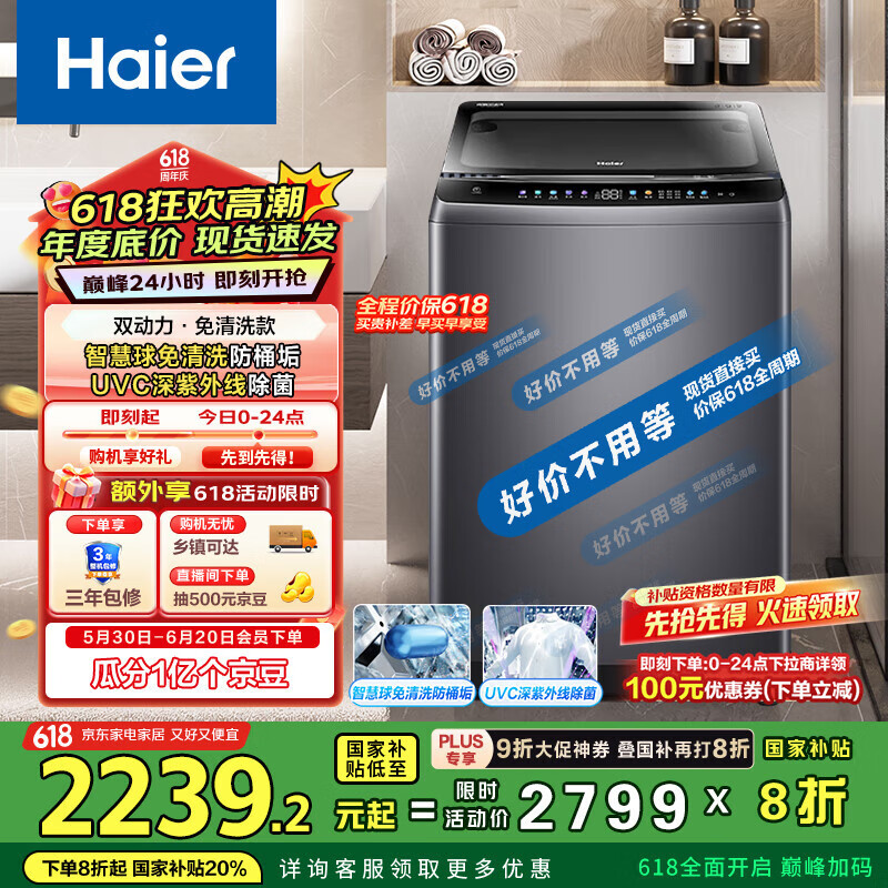 海尔（Haier）波轮洗衣机全自动家用 10公斤 一级能效 免清洗双动力 家电国家补贴 以旧换新EMS100B26Mate6
